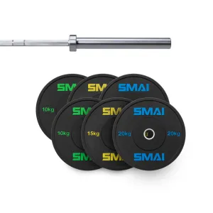 110kg HD Bumper Plate Set Inc 20kg Barbell Smai