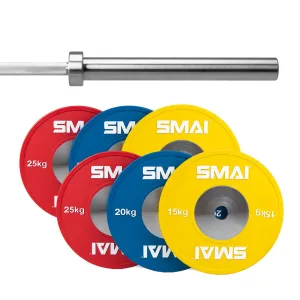 Competition Bumper Plate Set with Barbell - 120kg Smai