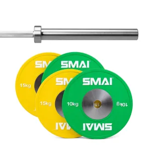 Competition Bumper Plate Set with Barbell - 50kg Smai