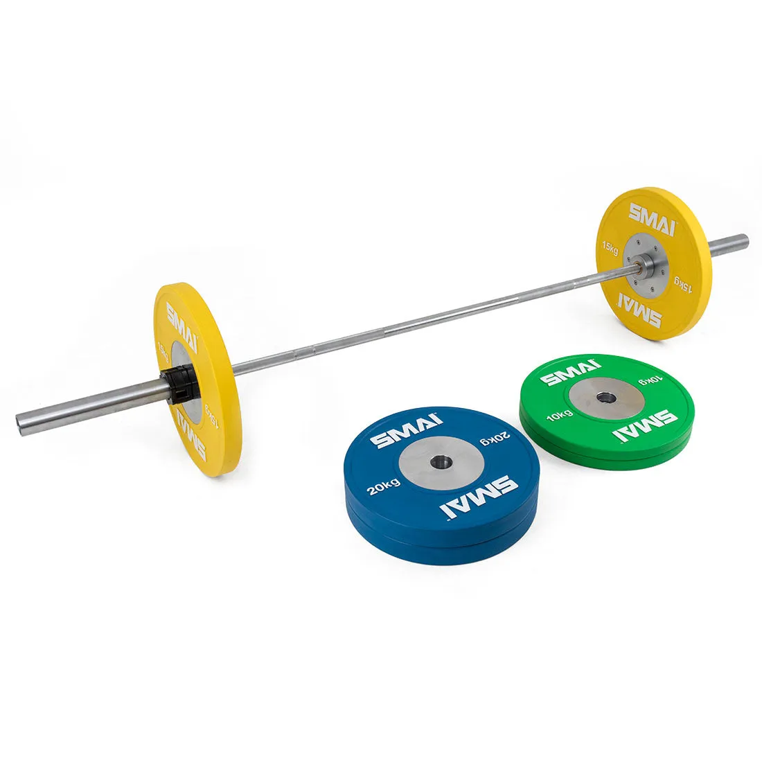 Competition Bumper Plate Set with Barbell - 90kg Smai