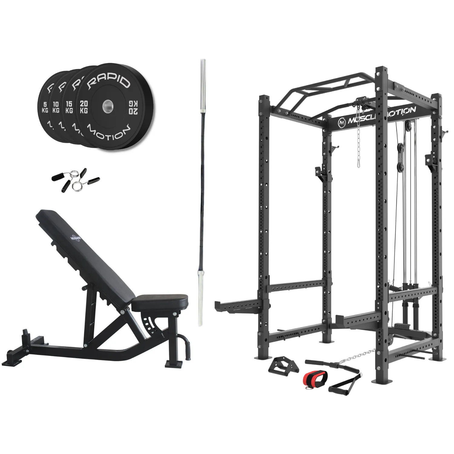 Muscle Motion PR1012 Package- Power Rack inc high low pulley Bench Bar 100kg Bumper weight Plates
