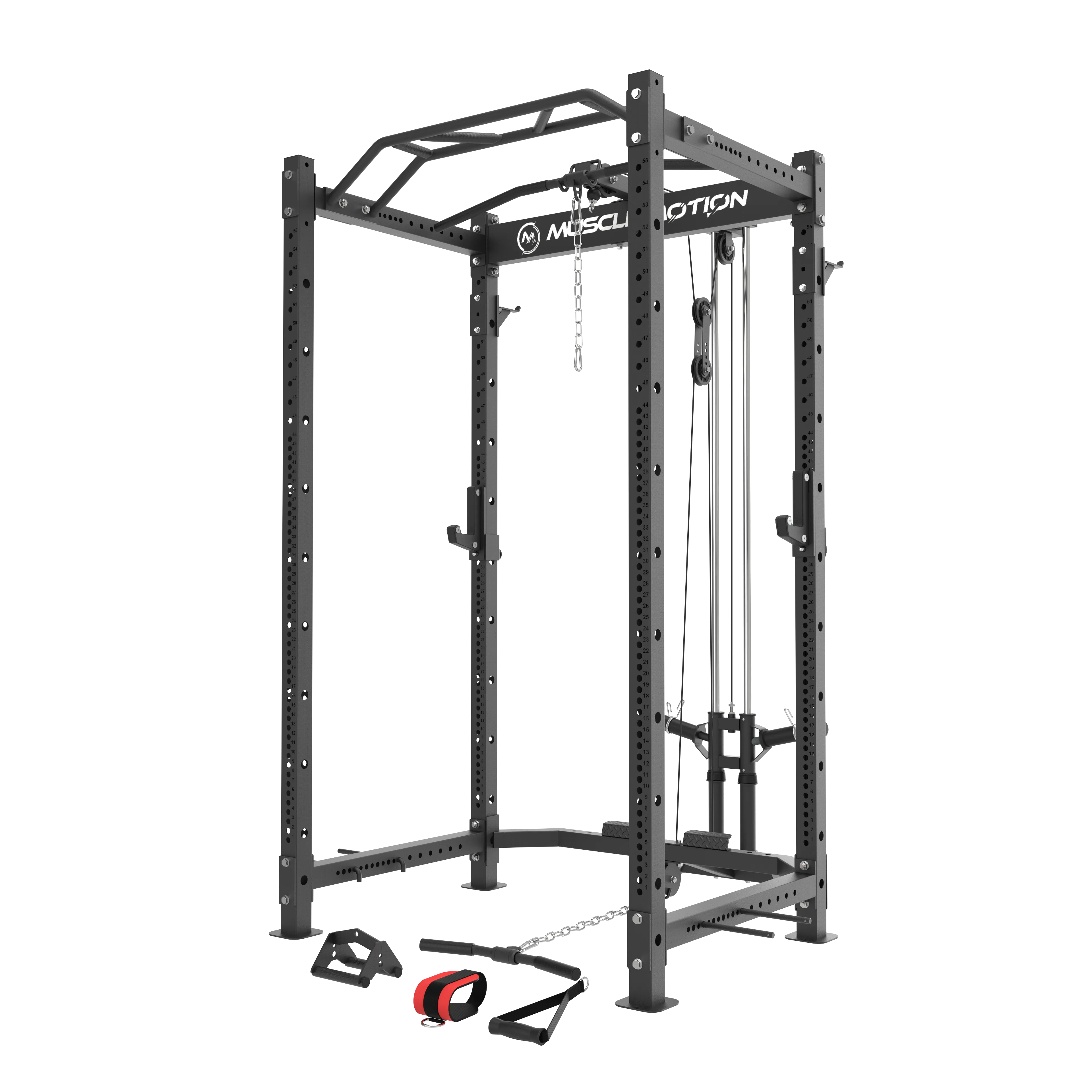 Muscle Motion PR1012 Package- Power Rack inc high low pulley Bench Bar 100kg Bumper weight Plates